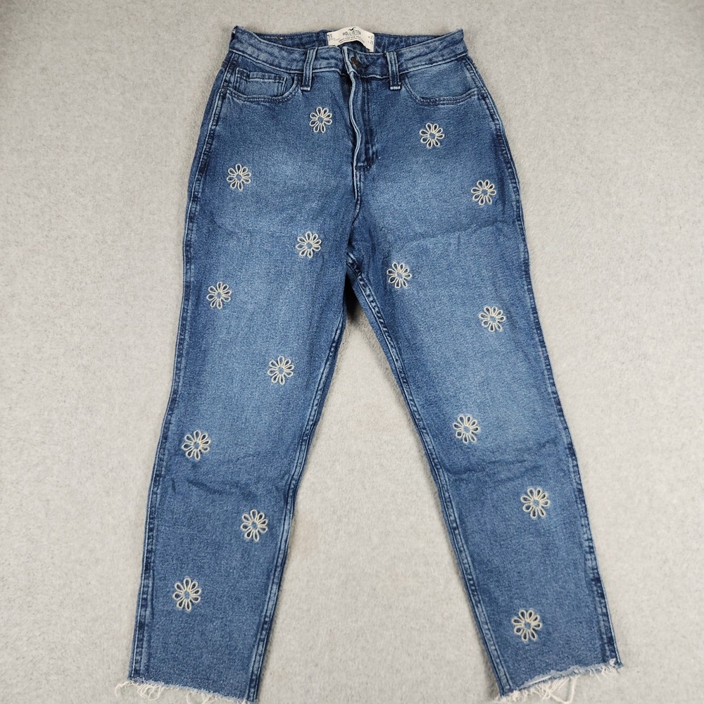 Hollister Curvy High Rise Mom Jeans Women 5S Blue Denim Daisy Floral Embroidered